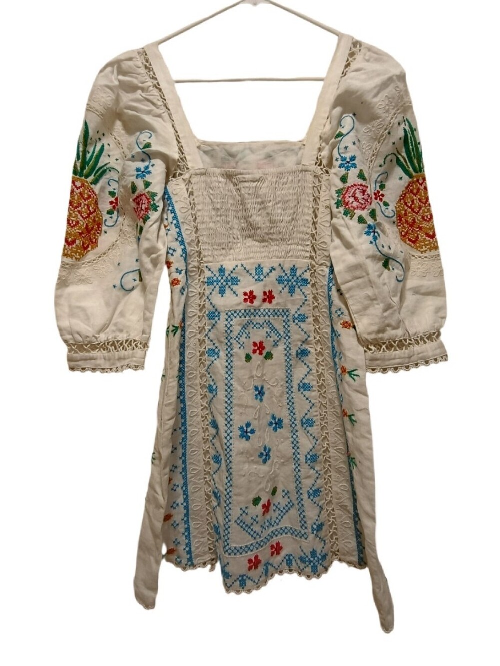 FARM Rio Embroidered Floral Mini Dress Size Small | Boho Cottagecore Puff Sleeve - Picture 2 of 3